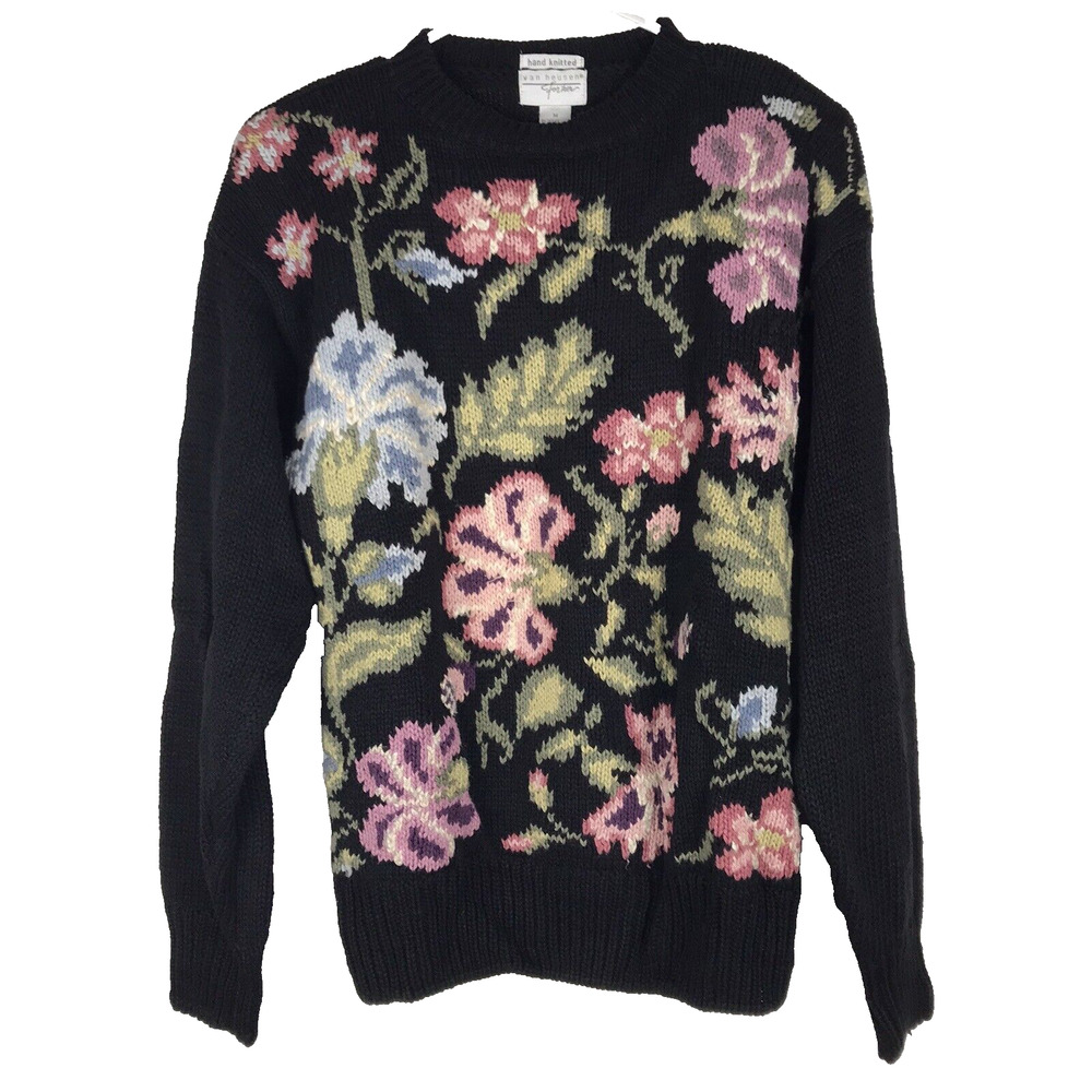 Vintage Van Heusen For Her Floral Knit Sweater Women's Size Medium Black Pink